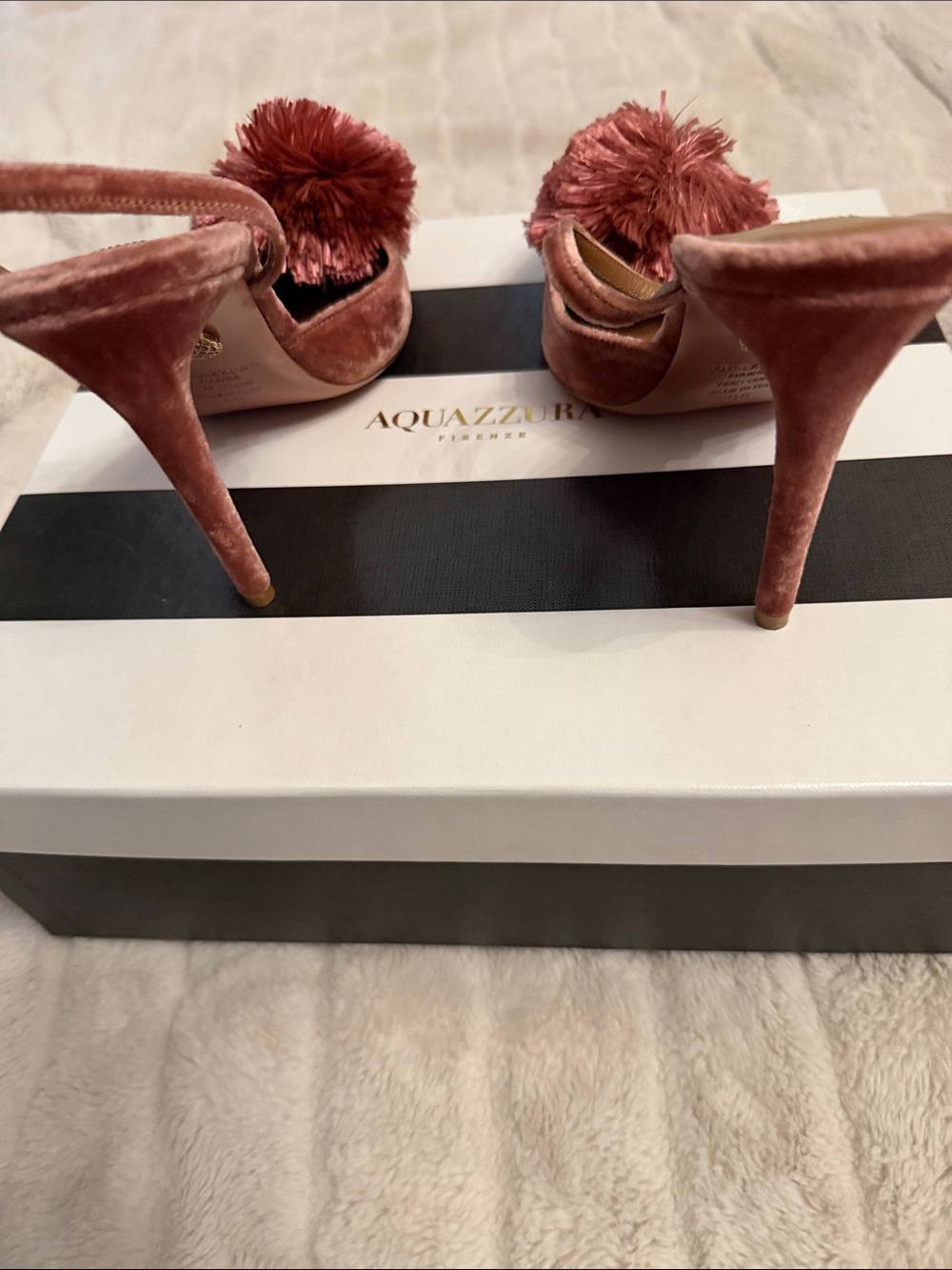 Aquazzura Rose Velvet Pom-Pom Slingback Heels - Picture 2 of 6